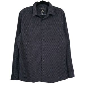 H&M Navy Polka Dotted Slim‎ Fit Easy Iron Dress Shirt
